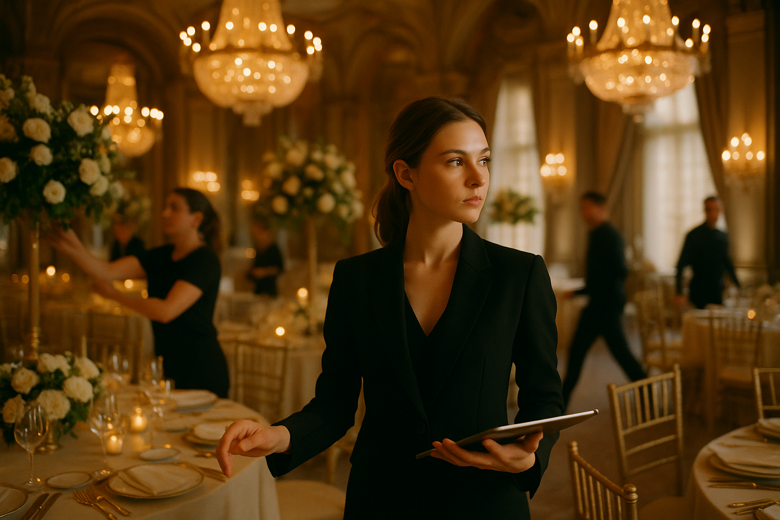 Directrice d'événement orchestrant un gala dans une grande salle de réception