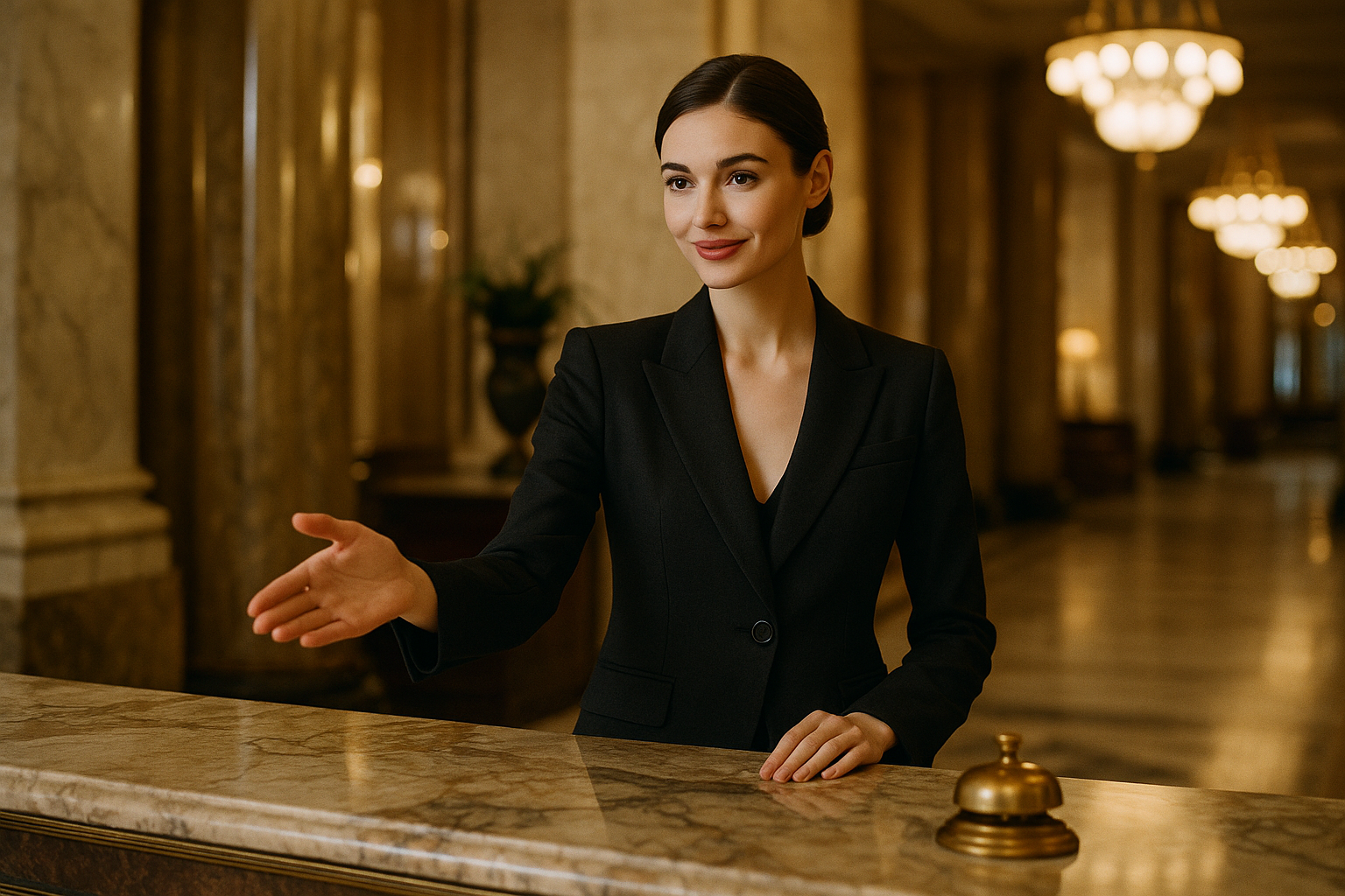 Jeune femme élégante à la réception d'un grand hôtel de luxe